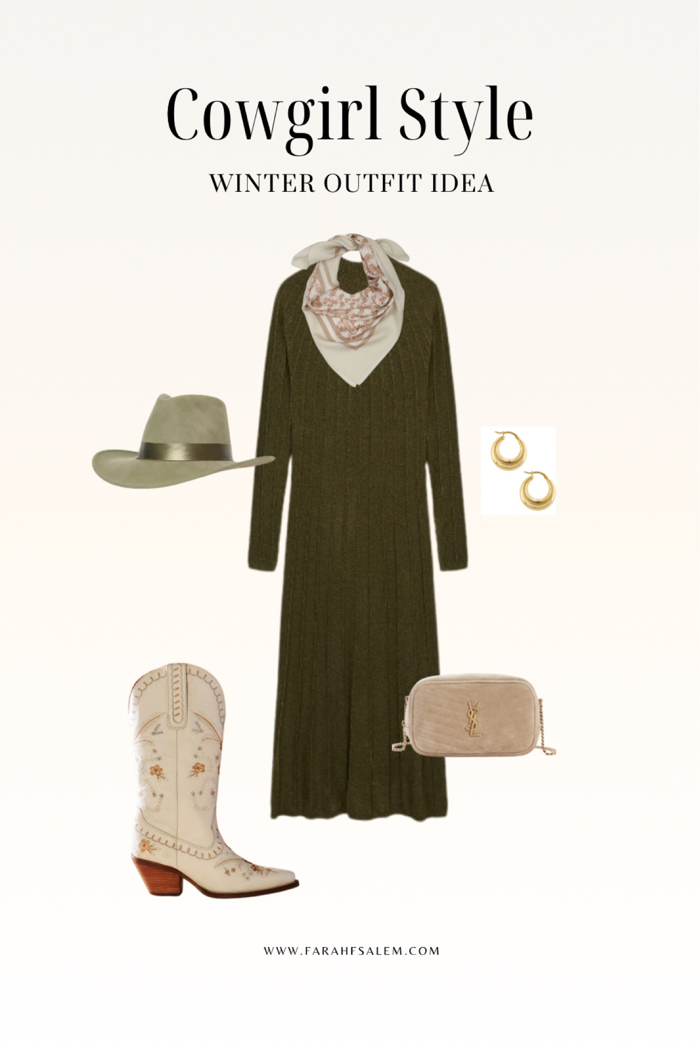 Western style outfit idea! 
Knit maxi dress, silk scarf, cowboy boots, cowboy hat, YSL bag. The perfect outfit to wear to your next country concert or party. 

#LTKSeasonal