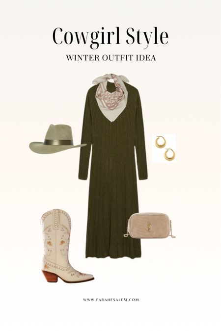 Western style outfit idea! 
Knit maxi dress, silk scarf, cowboy boots, cowboy hat, YSL bag. The perfect outfit to wear to your next country concert or party. 

#LTKSeasonal