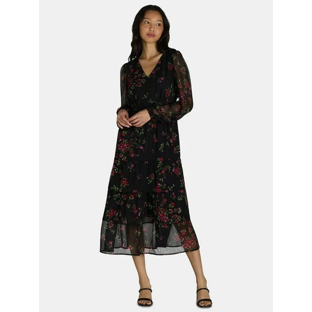 Time and Tru Women's and Women's Plus Print Dress with Long Sleeves, Size XS-4X | Walmart (US)