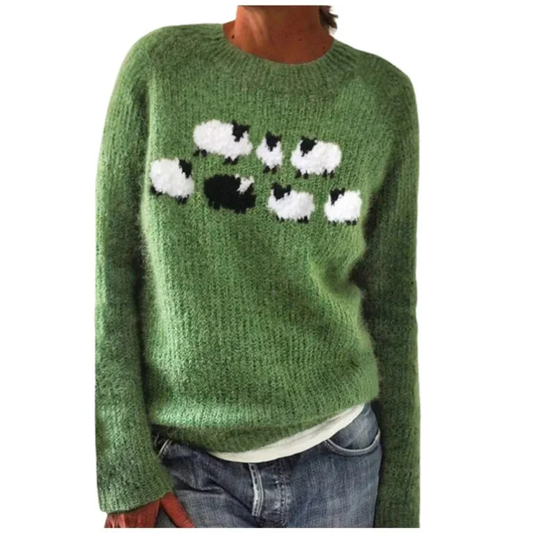 Shadoumai Vintage Sheep Print Sweater For Women Fair Isle Crew Neck Long Sleeve Jumper Tops Plus ... | Walmart (US)
