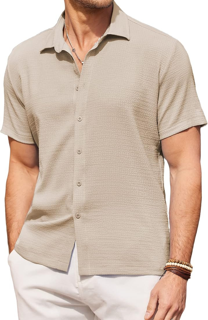 COOFANDY Men's Casual Short Sleeve Button Down Shirt Textured Summer Beach Shirt | Amazon (US)