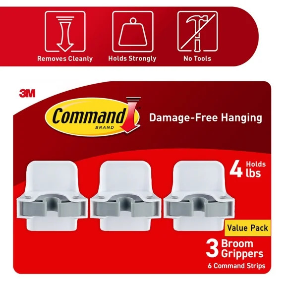 Command Broom and Mop Grippers Wall Hook, White, Damage Free Organizing, 3 Hangers | Walmart (US)