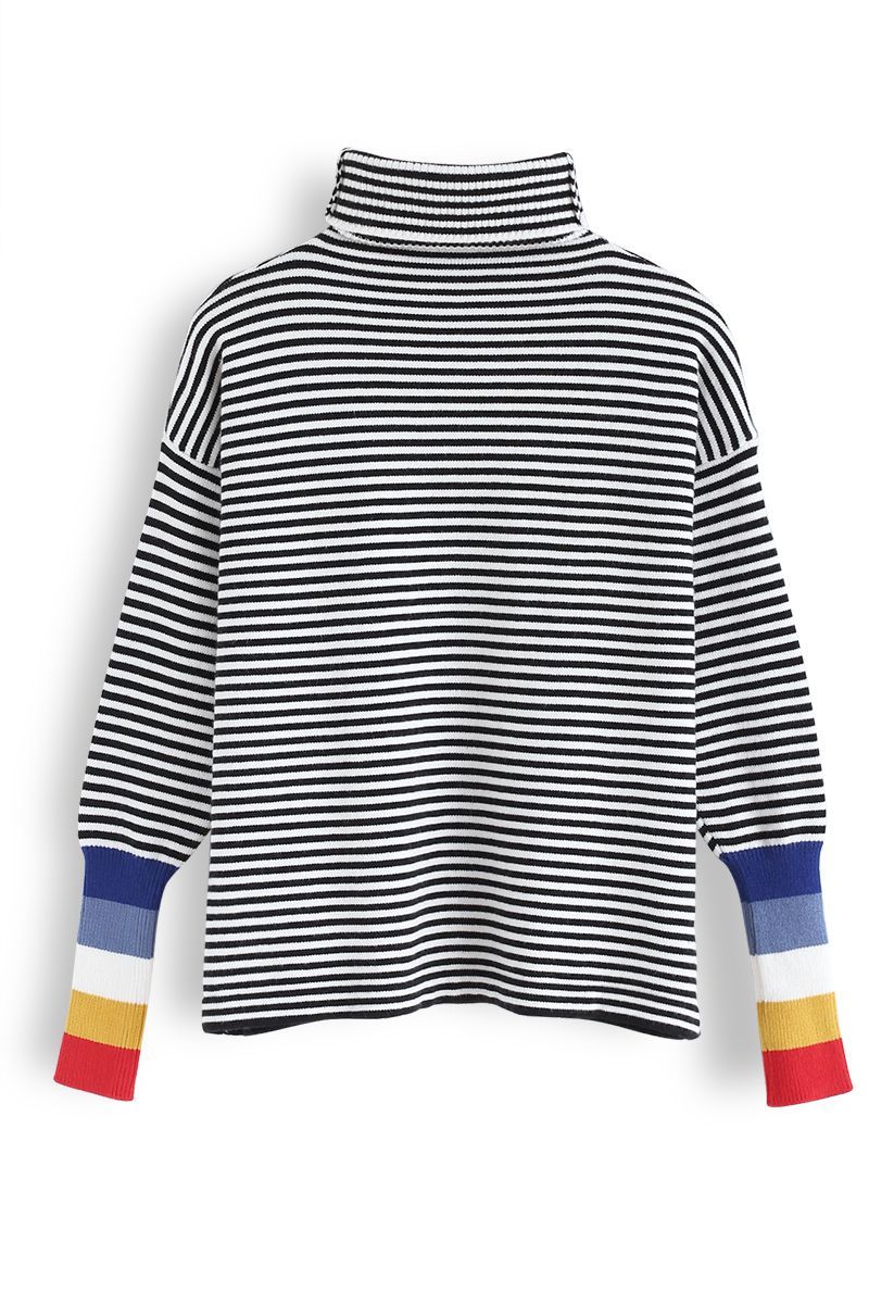 Color Blocked Cuffs Turtleneck Knit Sweater in Stripe | Chicwish