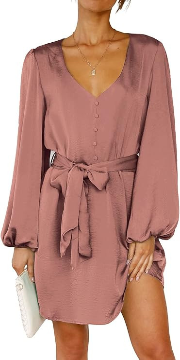 PRETTYGARDEN Women's Spring Long Puff Sleeve Satin Dress V Neck Cocktail Party Belted Short Dress... | Amazon (US)