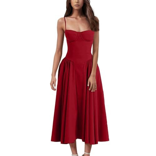 Midi Corset Dress Corset Midi Dress Elegant Spaghetti Strap Bustier Midi Dress Flowy Pleated Hem Low Cut Prom Dresses with Pockets XX-Small 01-Red | Amazon (US)