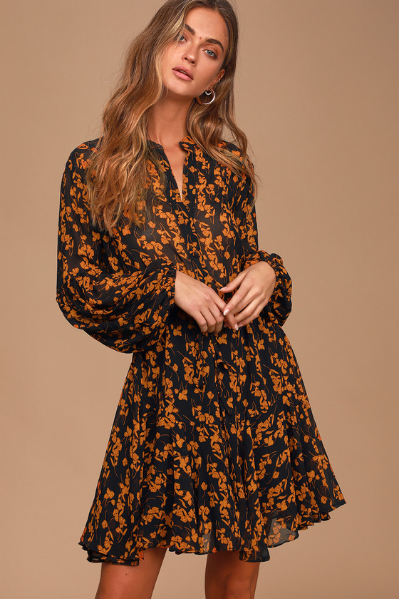 Sashay My Way Black Floral Print Long Sleeve Mini Dress | Lulus (US)