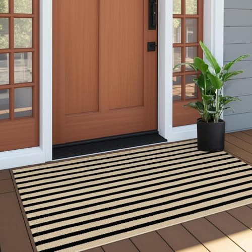Outdoor Porch Rug Front Door Mat 24"x51", Black and Tan Striped Rugs | Washable Outdoor Rugs Fron... | Amazon (US)