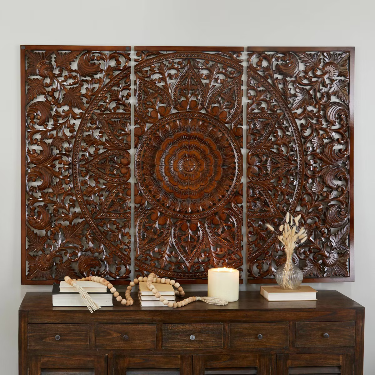 Set of 3 Wooden Floral Handmade Intricately Carved Wall Decors with Mandala Design - Olivia & May | Target