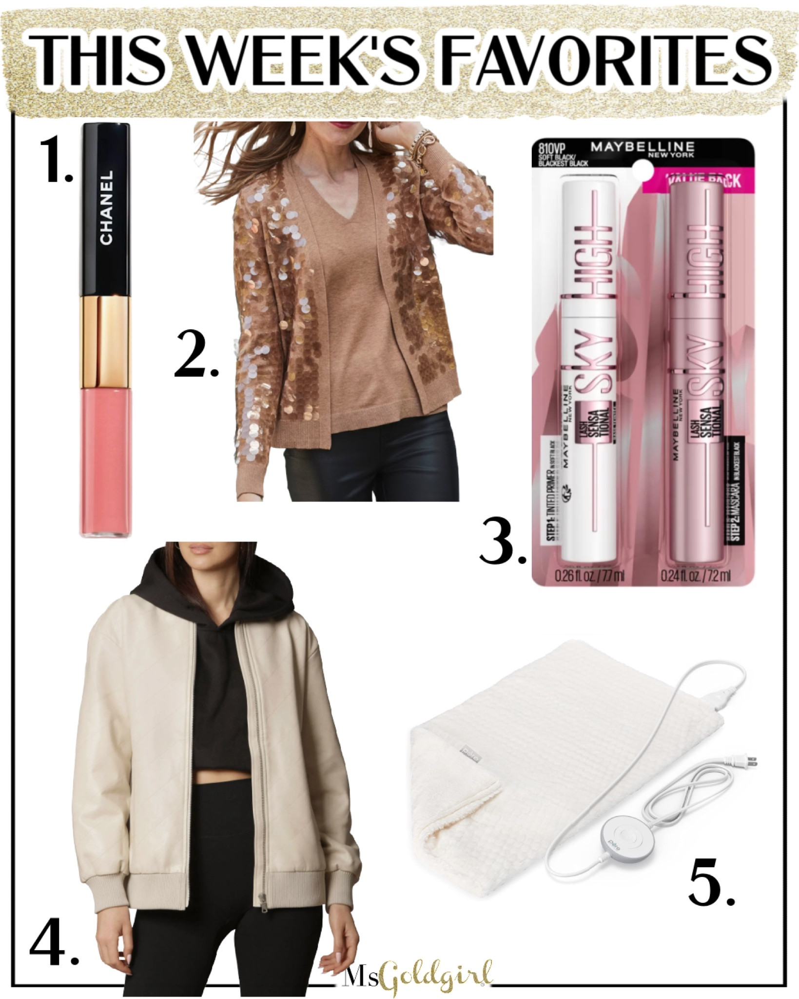 Meant to share this earlier-and if you’re a newsletter subscriber you’ve already seen this! Here were last week’s five faves:
1. You need a liquid lip during the holidays and this one is my favorite. Love the shade Darling Pink. 
2. Shimmer doesn’t have to be silver or gold and it doesn’t have to be super fancy. How fun is this sequin cardi?
3. Drugstore tubing mascara with a black primer?! YES!!
4. Been wearing this faux leather oversized bomber jacket on repeat all week!
5. When it gets cold but not cold enough to turn on this heat, I reach for this extra long heating pad. 



#LTKover40 #LTKbeauty