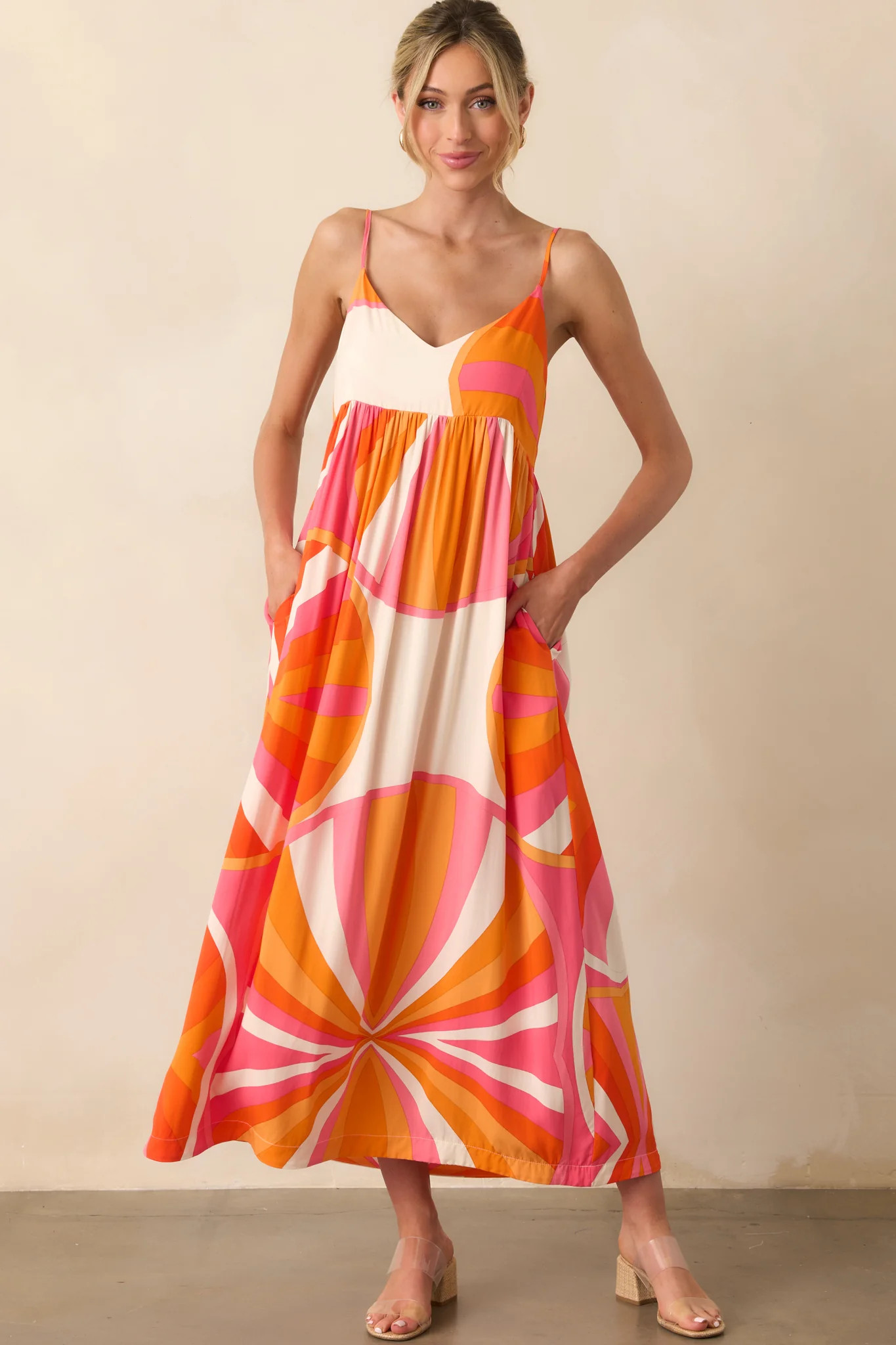 Everything Is In Place Orange Abstract Print Rayon Maxi Dress | Red Dress