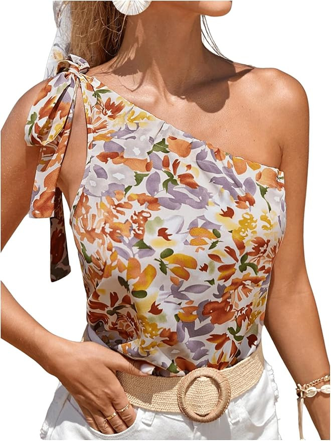 MakeMeChic Women's Floral Print One Shoulder Blouse Tie Shoulder Sleeveless Summer Boho Shirt Top... | Amazon (US)