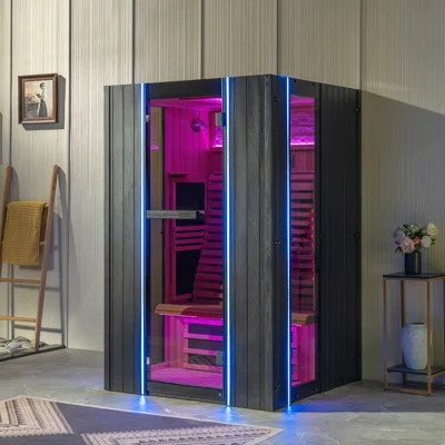 2 Person Canadian Hemlock Wood Infrared Sauna For Home With Touch-tone Keypad, Led Color Therapy Light, Tempered Glass Door And A Top Vent | Wayfair North America