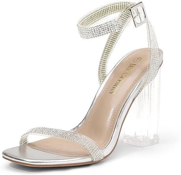 DREAM PAIRS Women's Chunky Clear High Heels Sandals, Rhinestone Ankle Strap Open Square Toe Block... | Amazon (US)