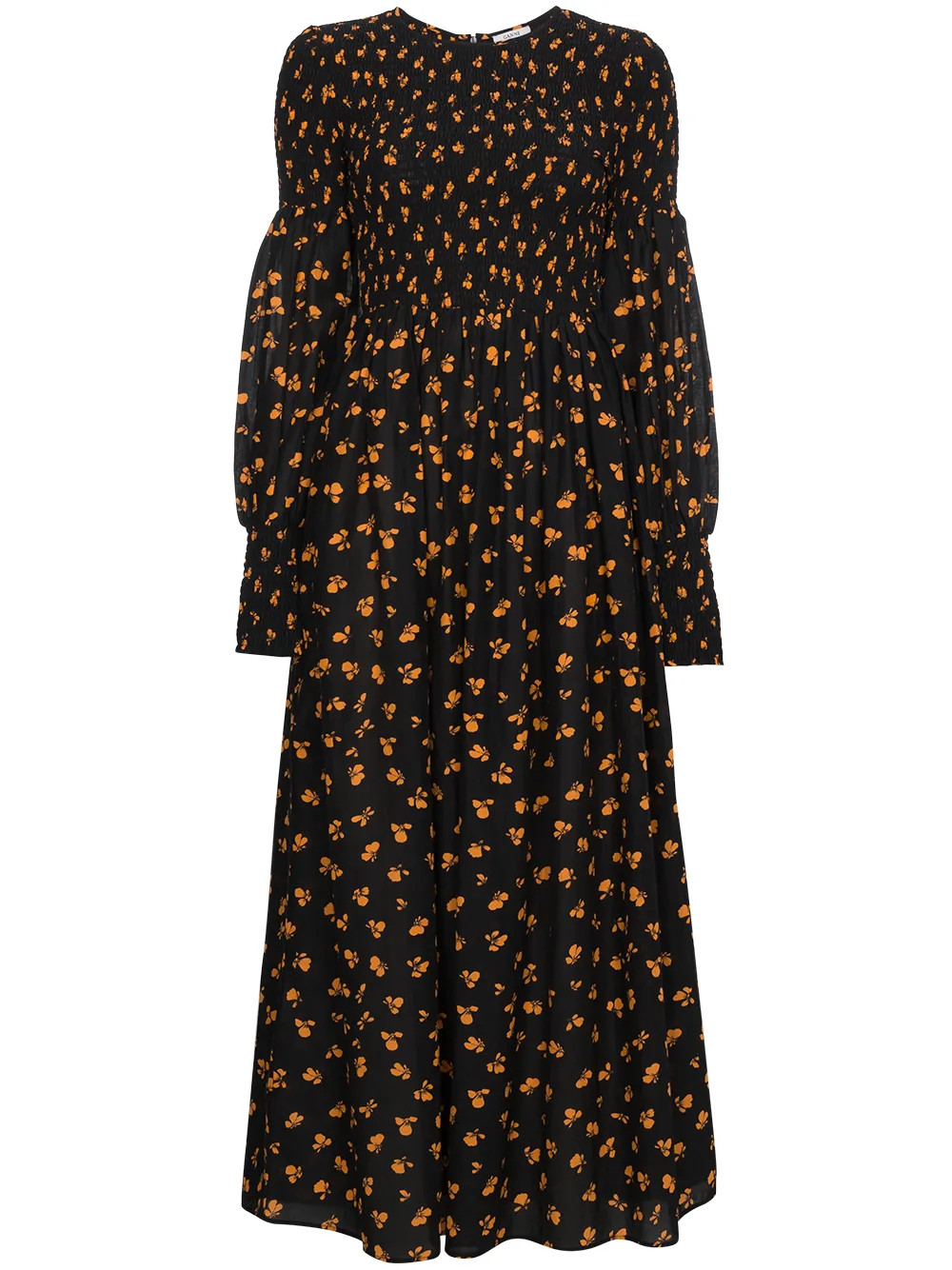 Ganni Beacon printed smocked maxi dress - Black | FarFetch US