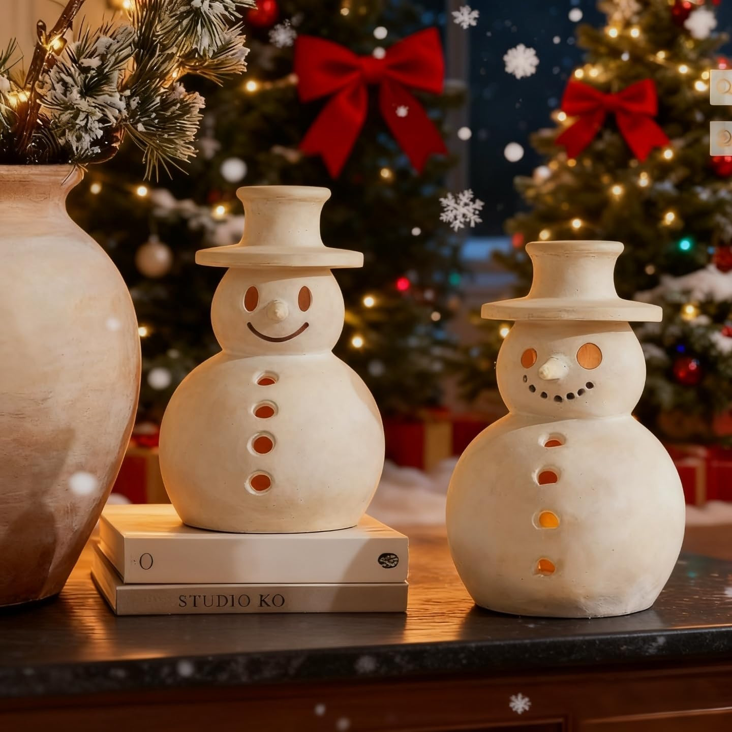 Handmade Terracotta Snowman Figurines - White Clay Christmas Decorations for Holiday Table, Rusti... | Amazon (US)