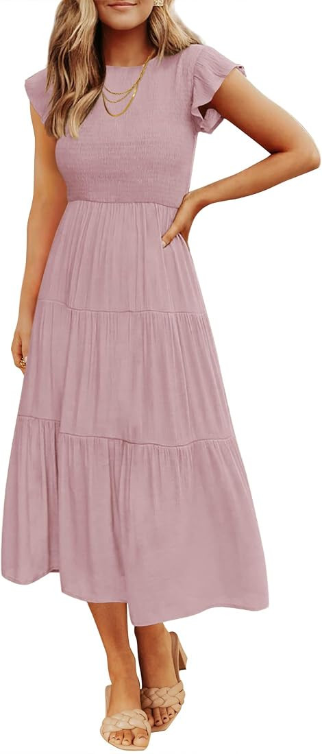 ZESICA Women's Summer Casual Flutter Short Sleeve Crew Neck Smocked Elastic Waist Tiered Midi Dre... | Amazon (US)