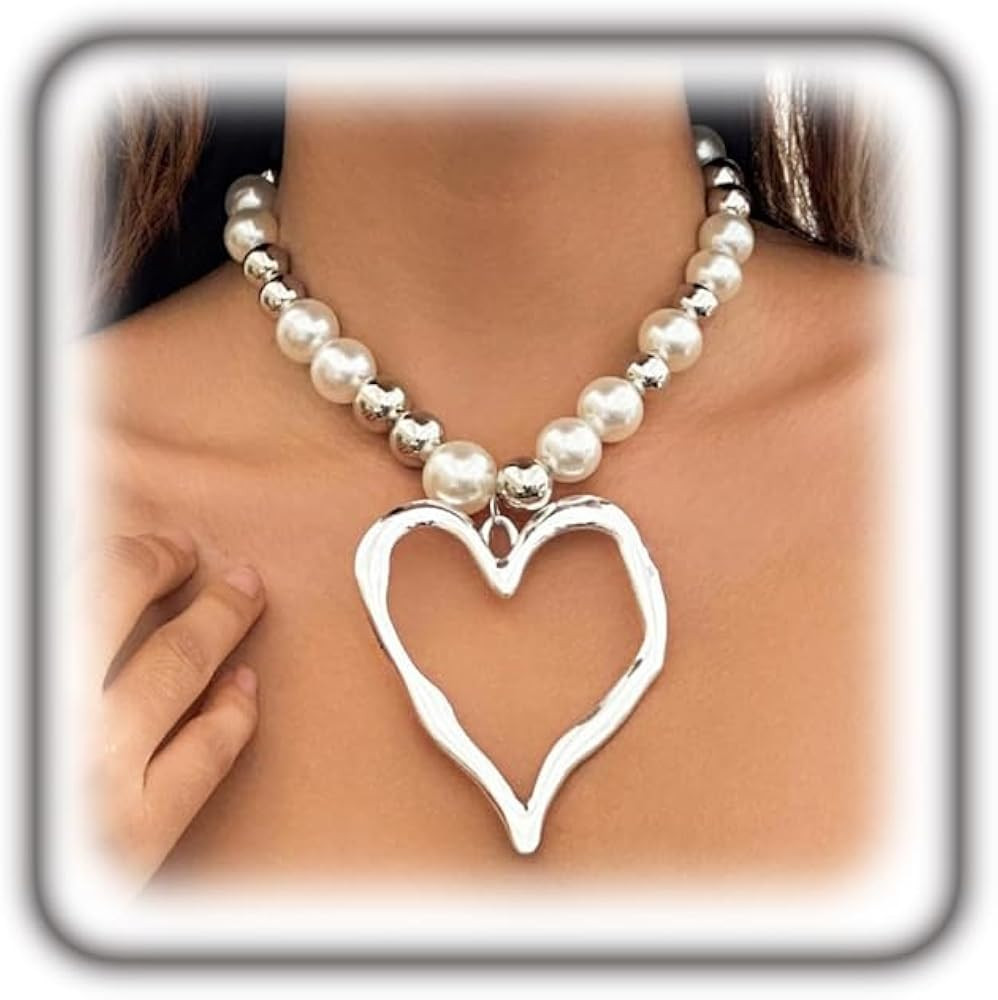 Y2k Large Heart Necklaces for Women Chunky Love Pearl Ball Beads Choker Necklaces Exaggerated Big... | Amazon (CA)