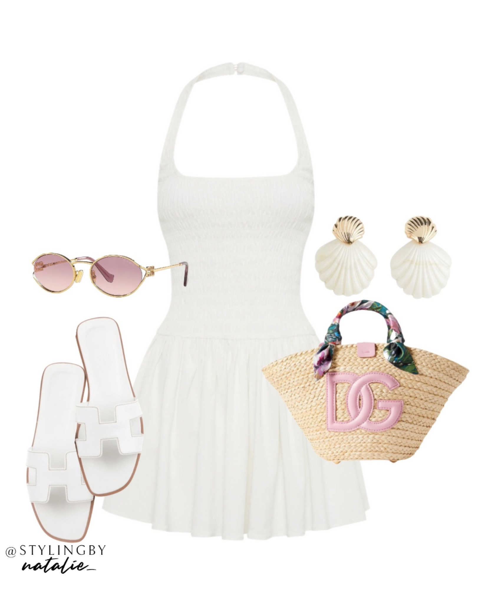 White halter neck drop waist mini dress, D&G basket bag, white flat sandals, Miu Miu oval sunglasses & shell earrings.
Summer dress, mini dress, Sun dress, white dress, drop waist, shirred dress, European style, holiday outfit.

#LTKsummer #LTKeurope #LTKstyletip