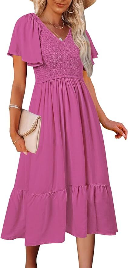 MEROKEETY Women's Summer Casual V Neck Ruffle Sleeve Smocked High Waist Midi Dress with Pockets | Amazon (US)