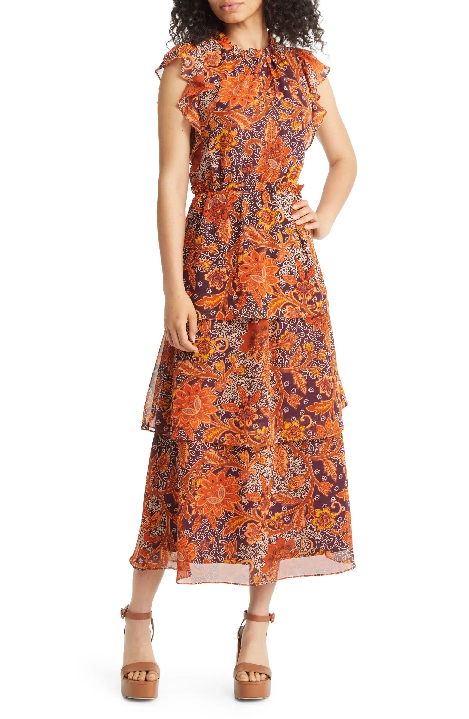 Julia Jordan Floral Tiered Flutter Sleeve Midi Dress | Nordstrom | Nordstrom