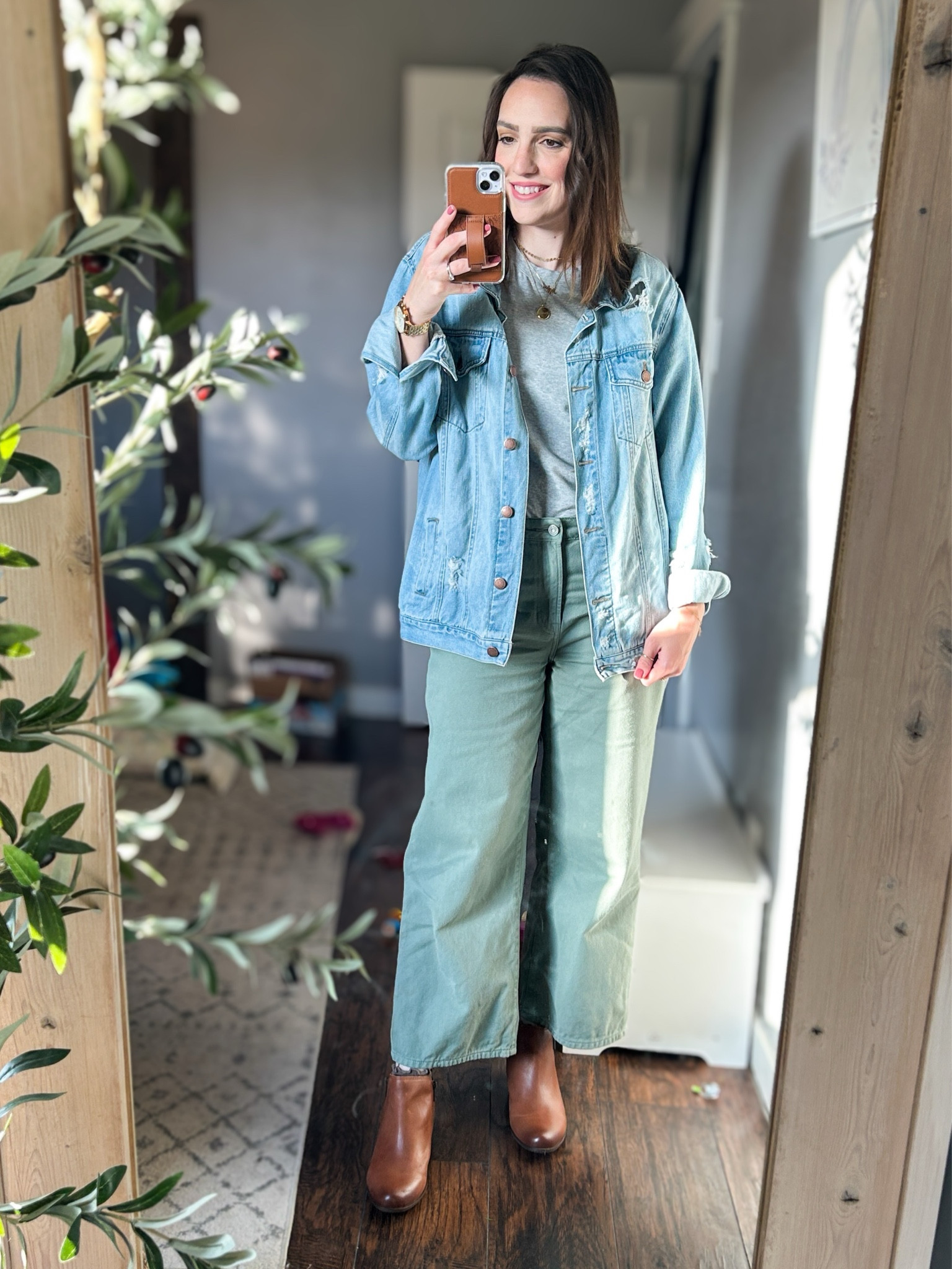 Modest ootd | modest outfits | modest fashion | church outfit | casual outfits 

Gray puff sleeve tee Amazon - true to size
Oversized jean jacket - linked similar 
Sage green wide leg cropped jeans - true to size
Brown leather booties - true to size | Lucky boots
Abbott Lyon large watch
Jewlr necklaces - personalized jewelry - wearing name necklace with the word “Joyful” & the locket necklace

Made by Mary jewelry: code MICHELLE10 saves

#LTKSeasonal #LTKShoeCrush #LTKStyleTip