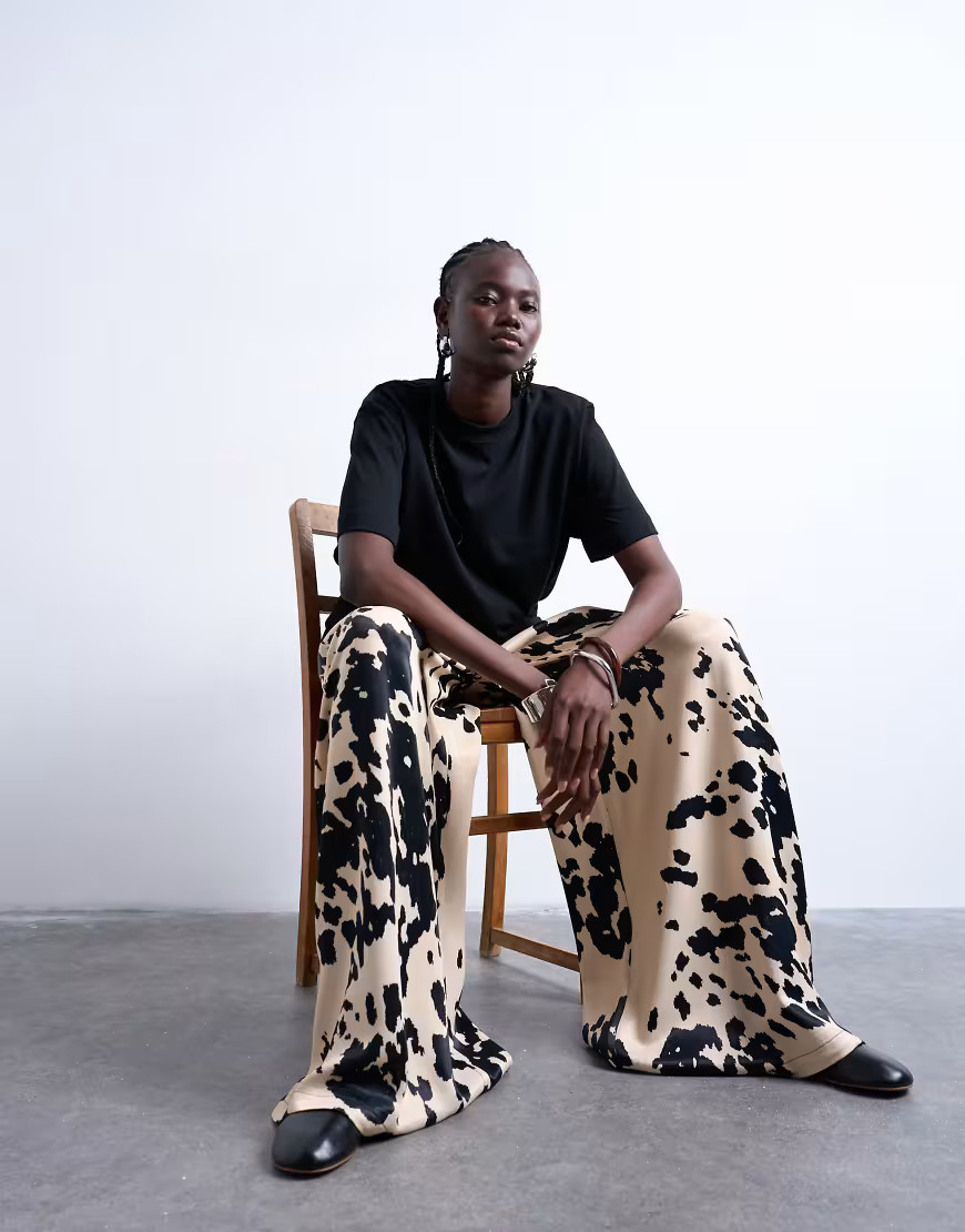 Topshop satin wide leg pants in cow print-White | ASOS (Global)