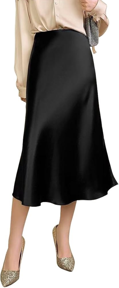 Women's Satin Midi Skirt High Waisted Flowy A-Line Casual Skirts | Amazon (US)