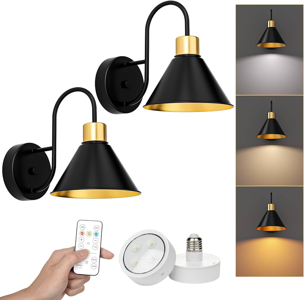 Frideko Black Battery Operated Wall Sconces Set of Two with Remote, 3 Color Dimmable Wireless Wal... | Amazon (US)
