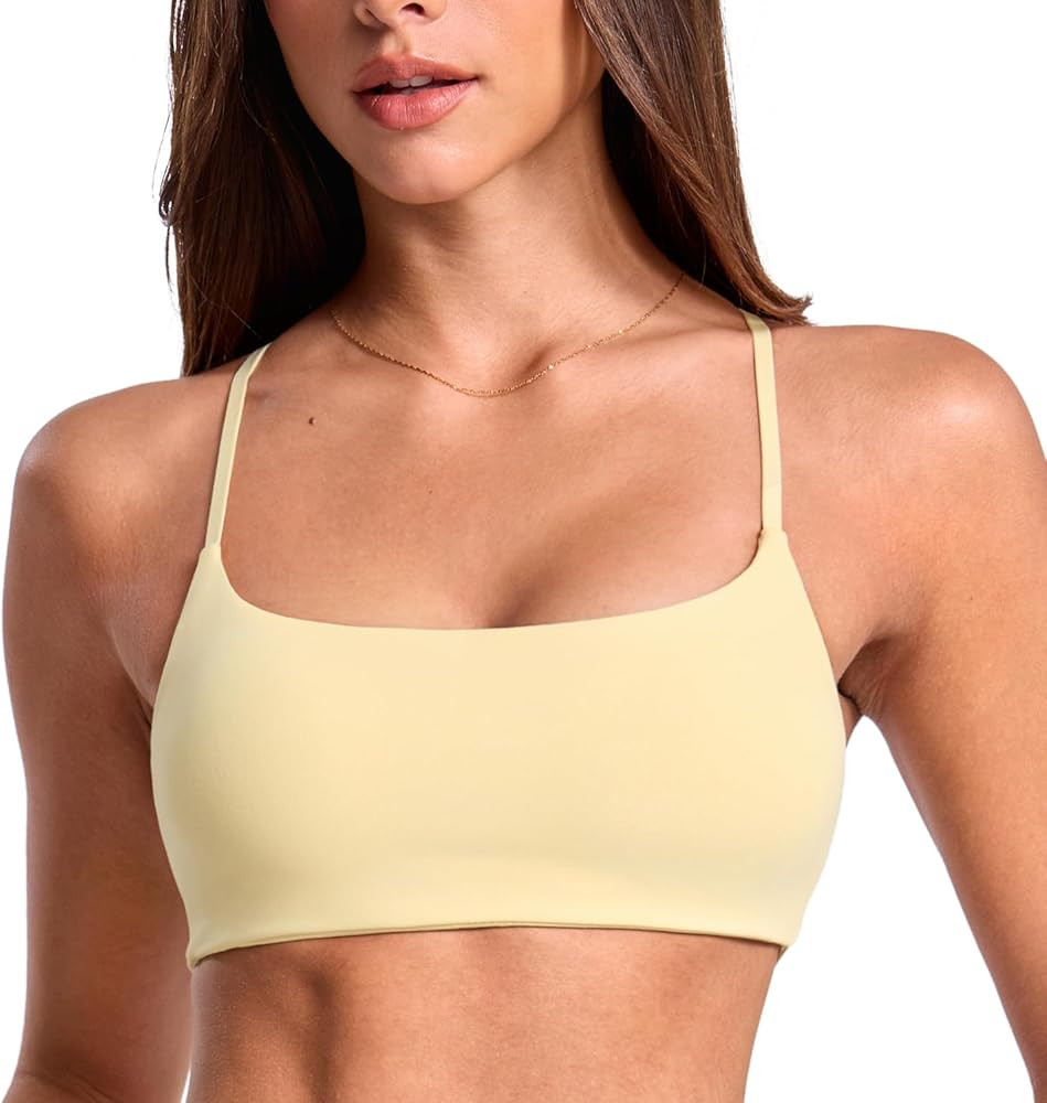 Women's Low Scoop Neck Sports Bra Spaghetti Criss Cross Strap Padded Workout Yoga Bra Crop Top | Amazon (US)
