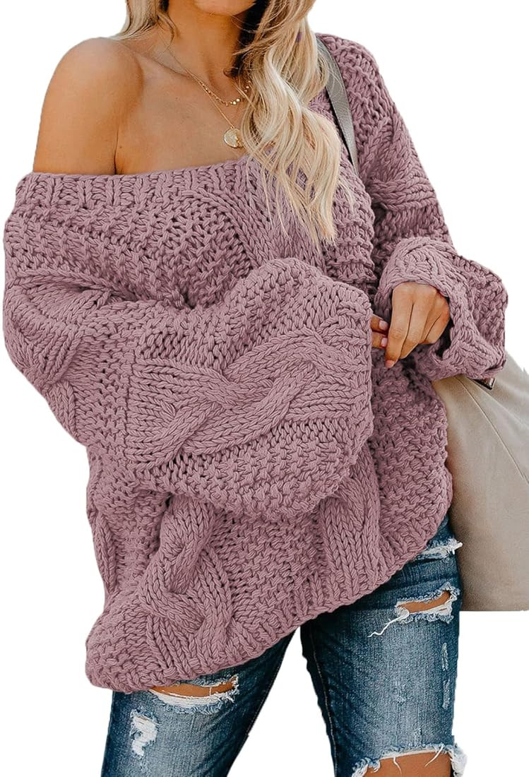 EVALESS Women's Off Shoulder Oversized V Neck Ribbed Cable Knit Long Sleeve Chunky Sweaters Pullo... | Amazon (US)