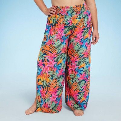 Women's Smocked Waist Side Slit Cover Up Pants - Shade & Shore™ Multi Tropical Floral Print 2X | Target