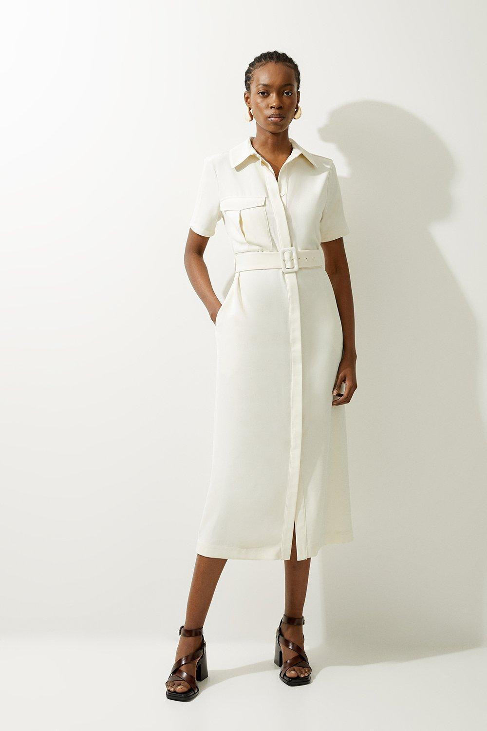 Petite Tailored Crepe Pocket Detail Short Sleeved Belted Midi Shirt Dress | Karen Millen US