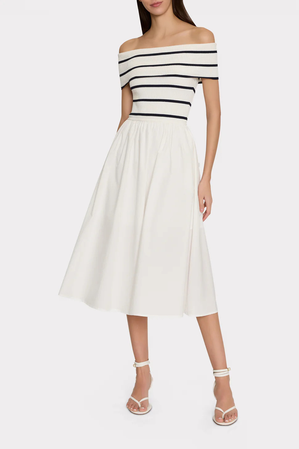 Off The Shoulder Stripe Knit Poplin Midi Dress | MILLY