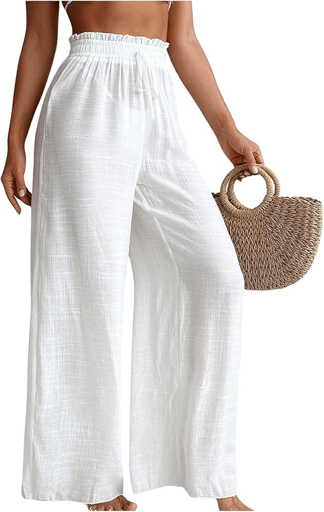 Milumia Women's Linen Wide Leg Swimsuit Cover Up Pants Sheer Beach Swim Coverup Pants | Amazon (US)