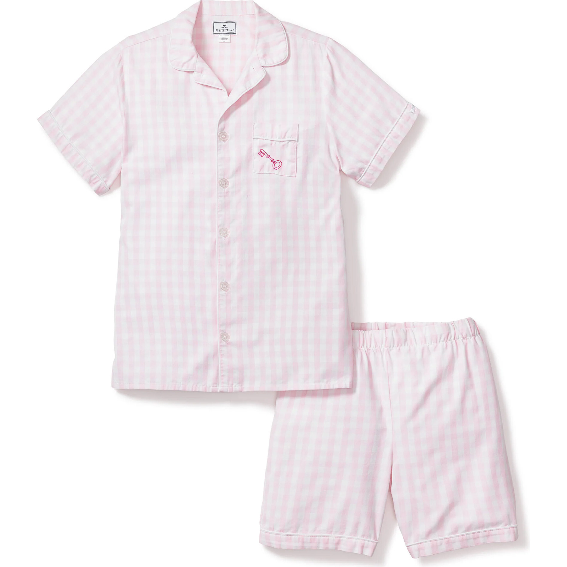 Petite Plume x Masionette Key To My Heart Embroidery PJ Short Set, Pink Gingham | Maisonette