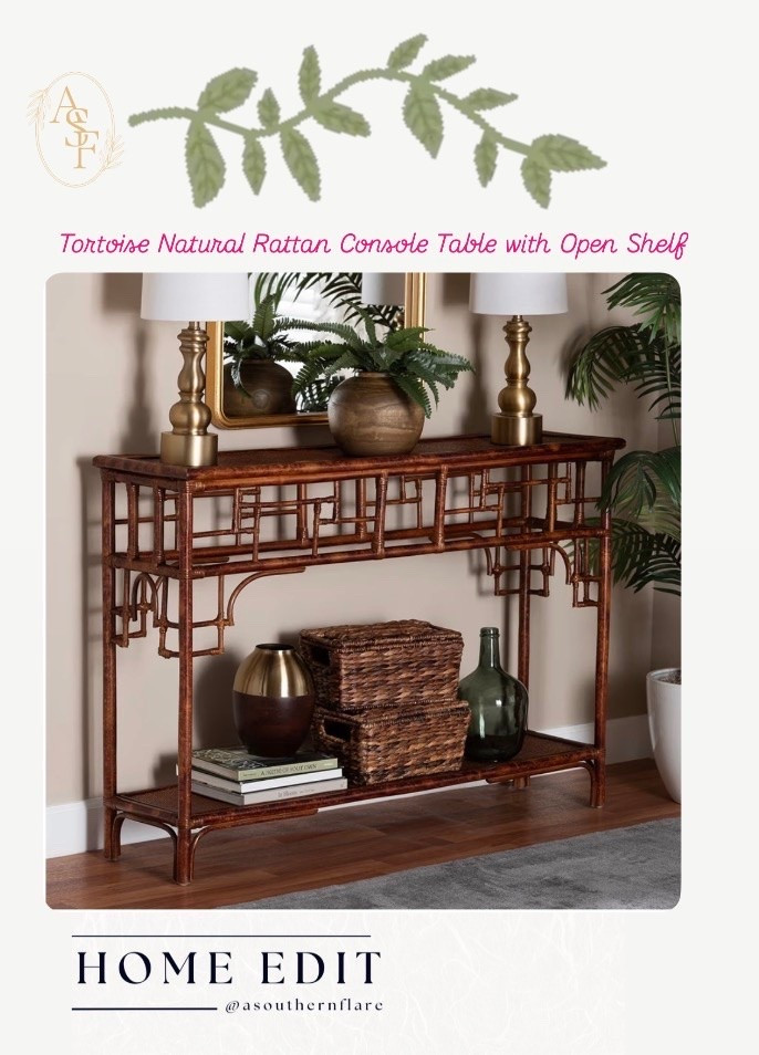 Tortoise Natural Rattan Console Table with Open Shelf/ Home Decor