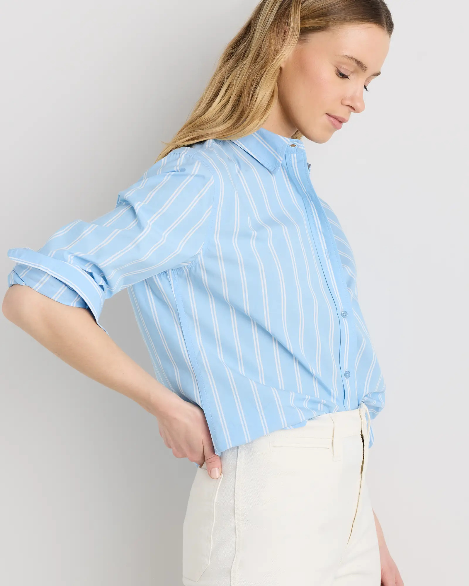 100% Organic Cotton Poplin Long Sleeve Shirt   in Delta Blue Double Stripe | Quince