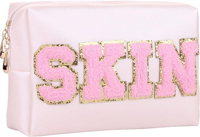 Preppy Patch Cosmetic Toiletry Bag for Women Girls SKIN Letters PU Leather Portable Makeup Bag Zi... | Amazon (US)