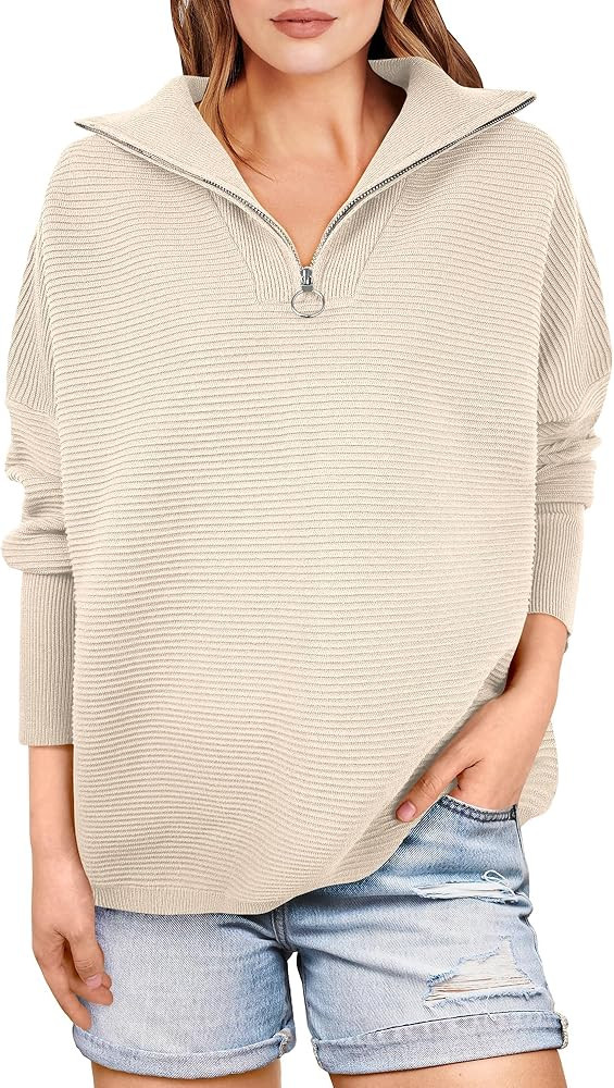 ANRABESS Women Quarter Zip Oversized Casual Loose Rib Knit Cozy Pullover Sweaters Top 2024 Fall F... | Amazon (US)