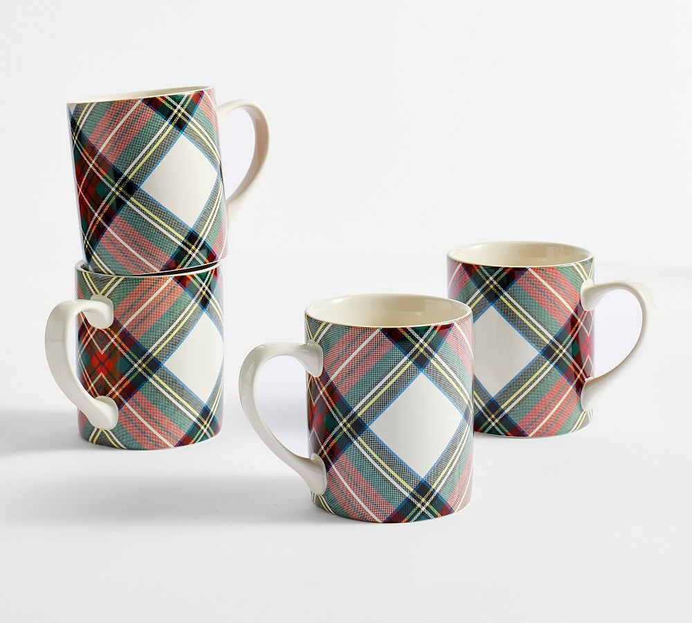 Stewart Plaid Stoneware Mugs, Set of 4 - White | Pottery Barn (US)