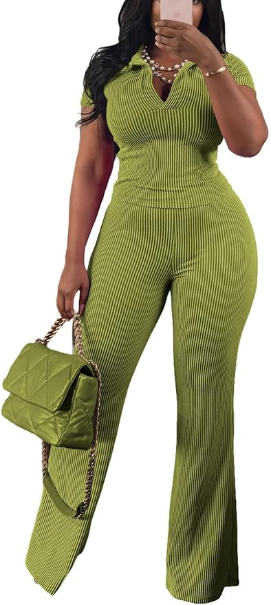 HBQ Women Two Piece Outfit Ribbed Short Sleeve V Neck Polo Top and Flare Pants Casual Lounge Sets... | Amazon (US)