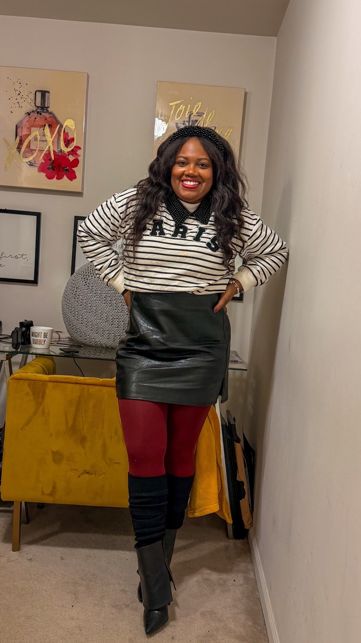This look was all about the details and that pop of burgundy for a little festive flair 🍷

The fleece-lined tights were the unsung hero, warm, flattering, and instantly elevated the whole outfit without trying too hard.

My signature touches of luxe showed up right on cue, the faux collar and headband are staples for a reason. They add polish, texture, and that “effortless but intentional” vibe I love.
Stripes, faux leather, cozy layers, and boots made for real life… this is how I do affordable luxury during the holidays.

Proof that you don’t need a brand new wardrobe to look festive, you just need the right details 🤍

Outfit details:
• Paris sweatshirt: H&M
• Faux collar + headband: Amazon
• Fleece-lined tights: Primark
• Skirt: can’t recall (but she’s a classic)
• Boots: Macy’s
• Leg warmers: Amazon (practical and intentional)

Luxury is in the styling, not the spend.

#AffordableLuxury #HolidayStyle #FestiveFashion #WinterOutfits #BurgundyStyle #ColdWeatherStyle #LuxeForLess #StyleDetails #CozyChic #WinterFashionInspo #FleeceLinedTights #StatementAccessories #EverydayLuxury #IntentionalStyle #FashionOver40 #CurvyStyle #BlackGirlStyle #HolidayOutfitInspo #StyledNotSpent 

#LTKHoliday #LTKOver40 #LTKFindsUnder100