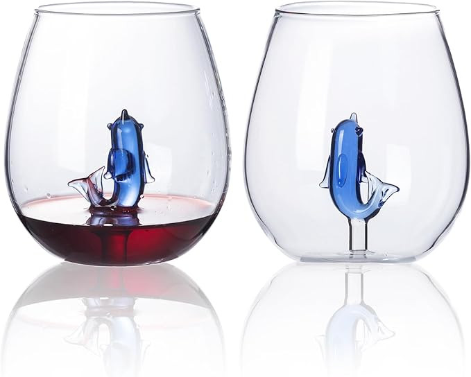 Stemless Wine Glass with Dolphins Inside, 16 OZ Large Capacity Unique Wine Glasses with 3D Dolphi... | Amazon (US)