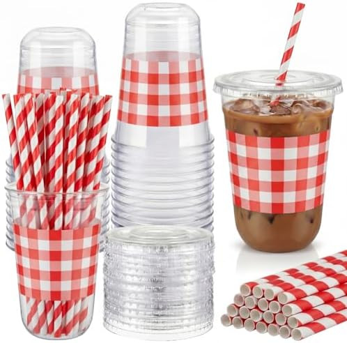 50 Set 16 oz Red U-gingham Gingham Cups Plastic Party Checkered Cups Red Plaid Drinking Cup Dispo... | Amazon (US)