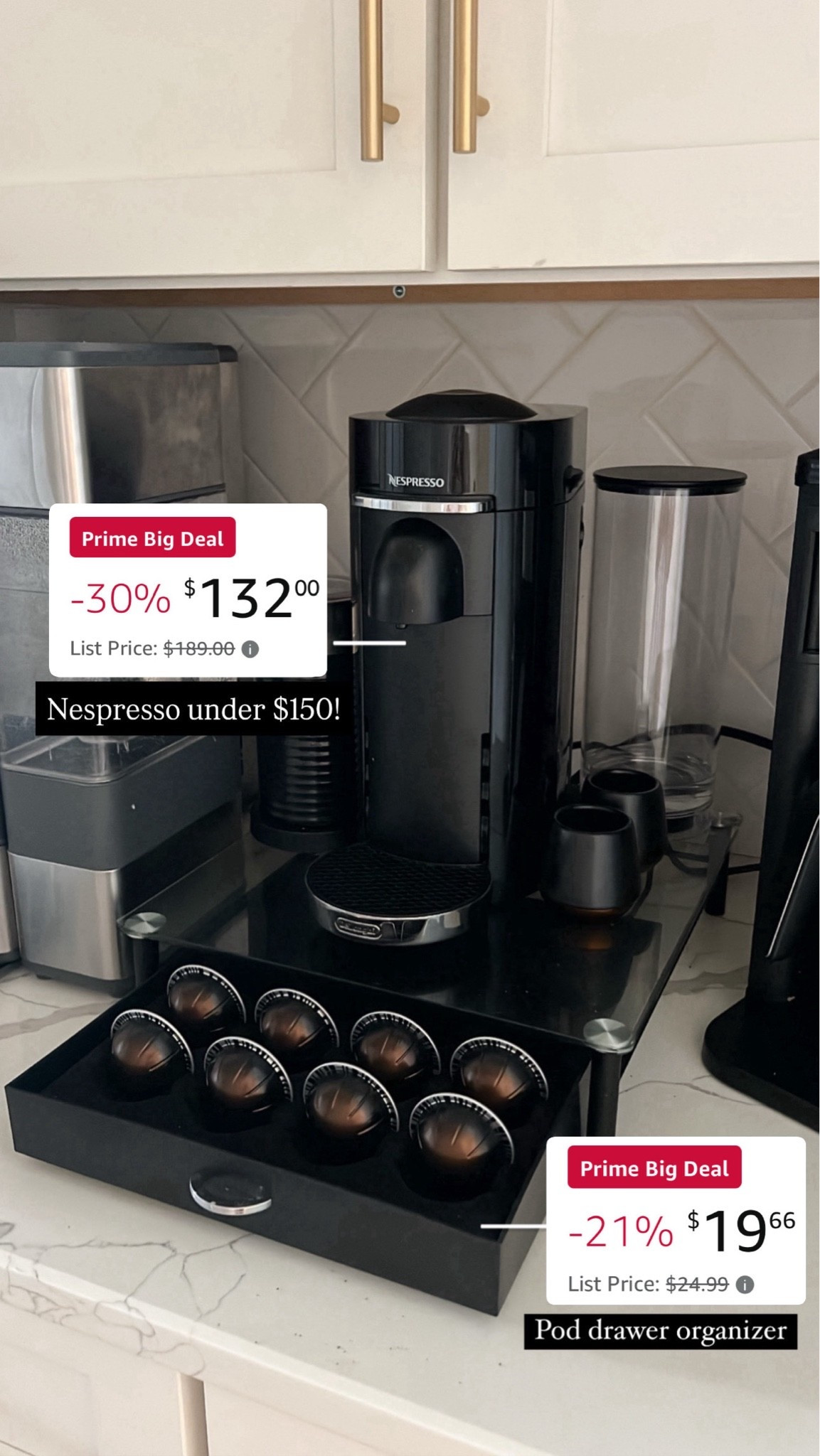 Best of Amazon Prime Big Deal Days- our Nespresso + pod organizer is all on sale! Also linking the syrup bottles and coffee mugs we keep at our coffee bar for each morning!