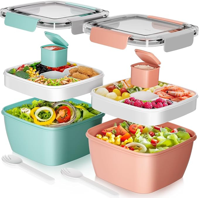 Salad Lunch Box, 2Pack Bowls with 3 Compartments, Leak Proof with Fork & Sauce Container - Green+... | Amazon (US)