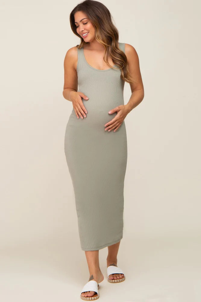 Light Olive Ribbed Basic Maternity Maxi Dress | PinkBlush Maternity