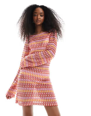 Pieces crochet long sleeve mini dress in red and orange stripes | ASOS | ASOS (Global)