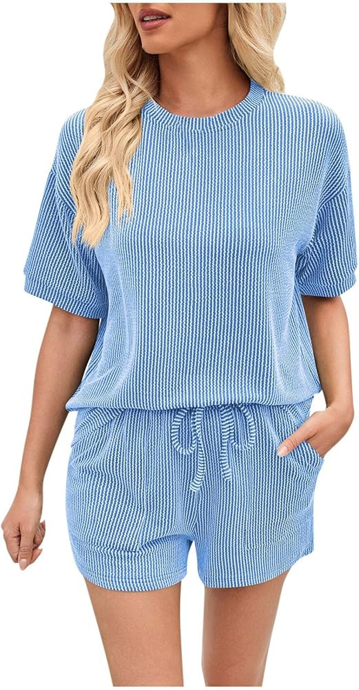 Women's 2 Piece Lounge Sets Rib Knit Short Sleeve Tops and Drawstring Shorts with Pockets Summer ... | Amazon (US)