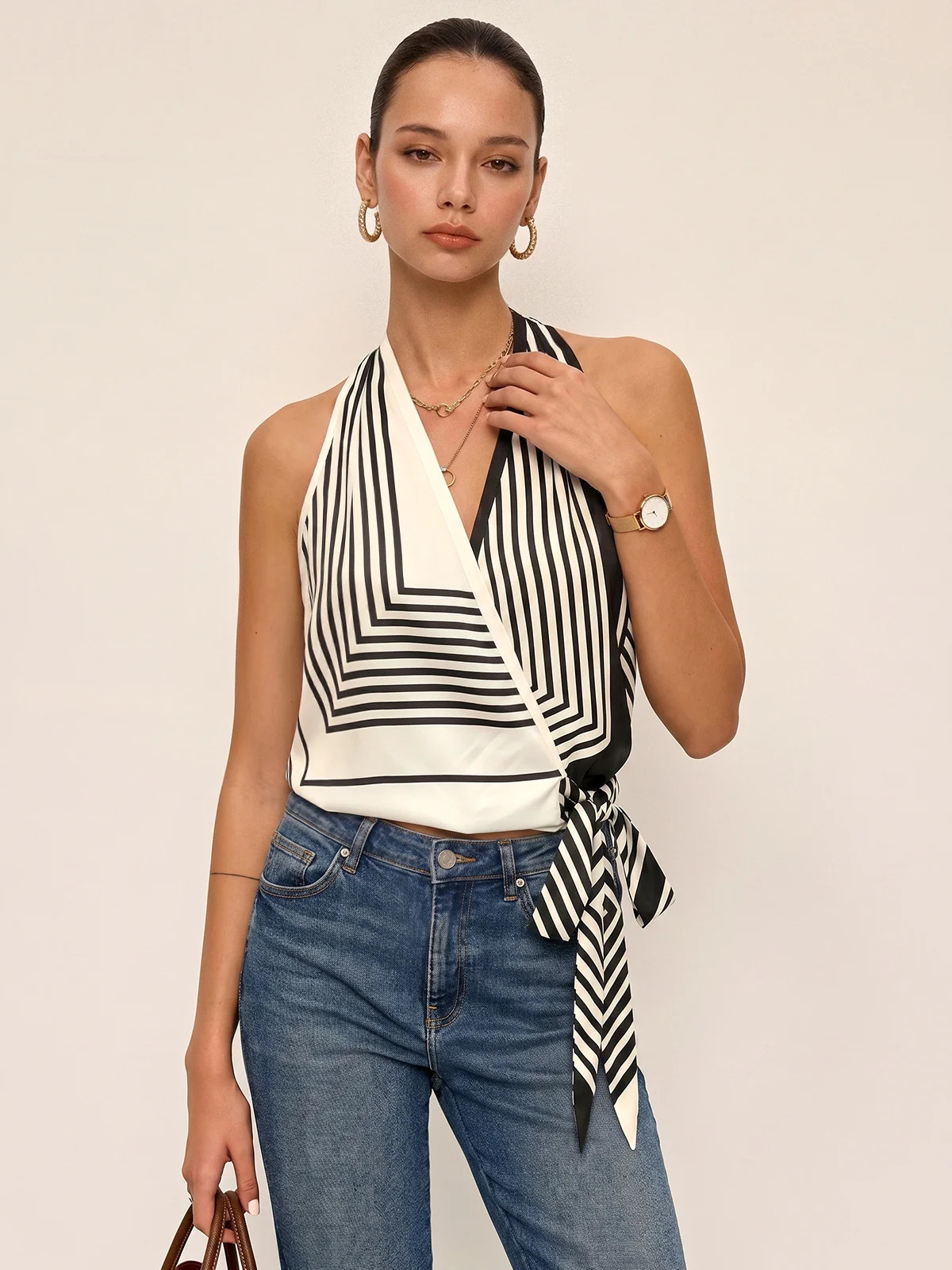 Geometric Stripe Halter Wrap Tie Satin Top | Commense